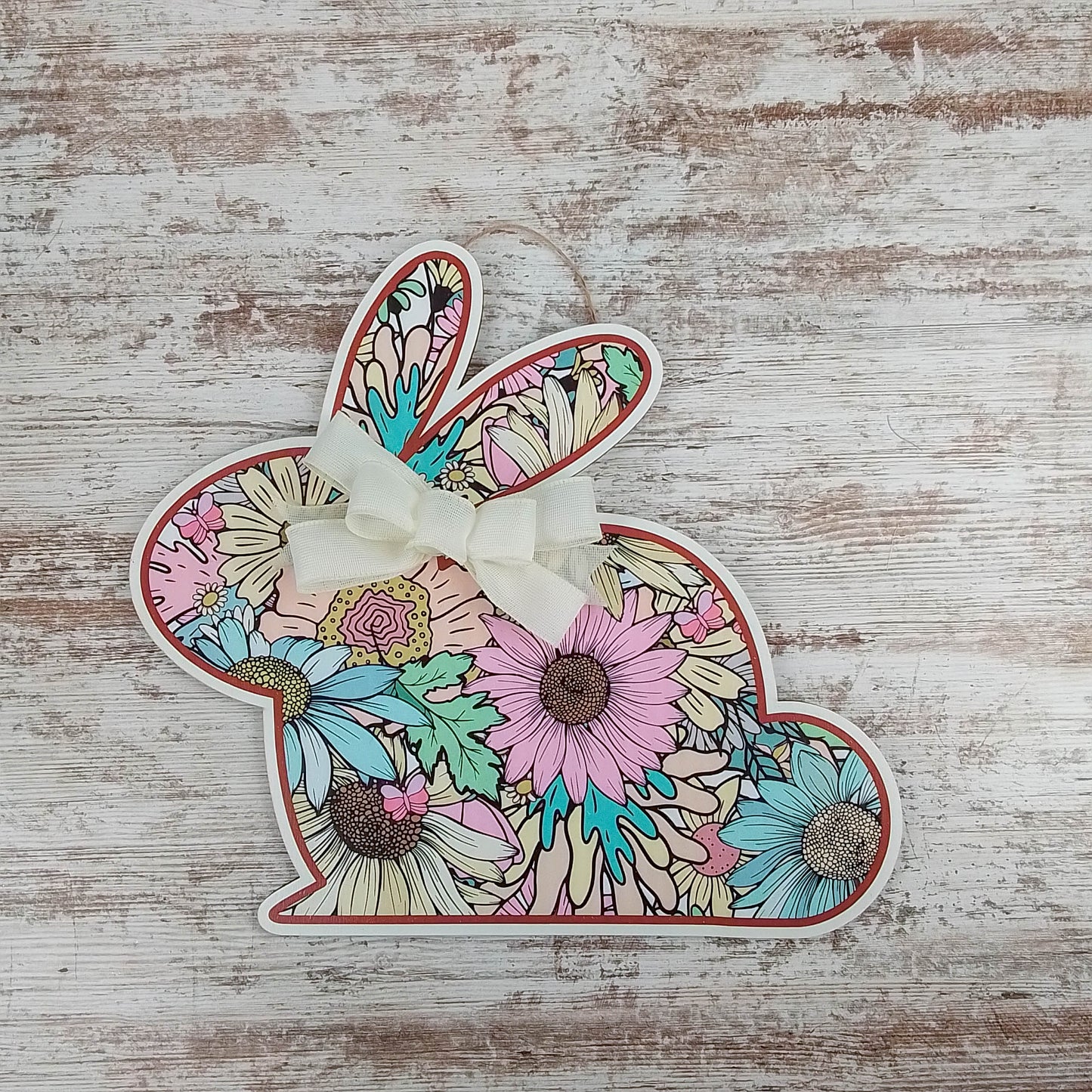 Bunny-Shaped Door Hanger, Springtime Floral Pattern, Handmade Wood Decor