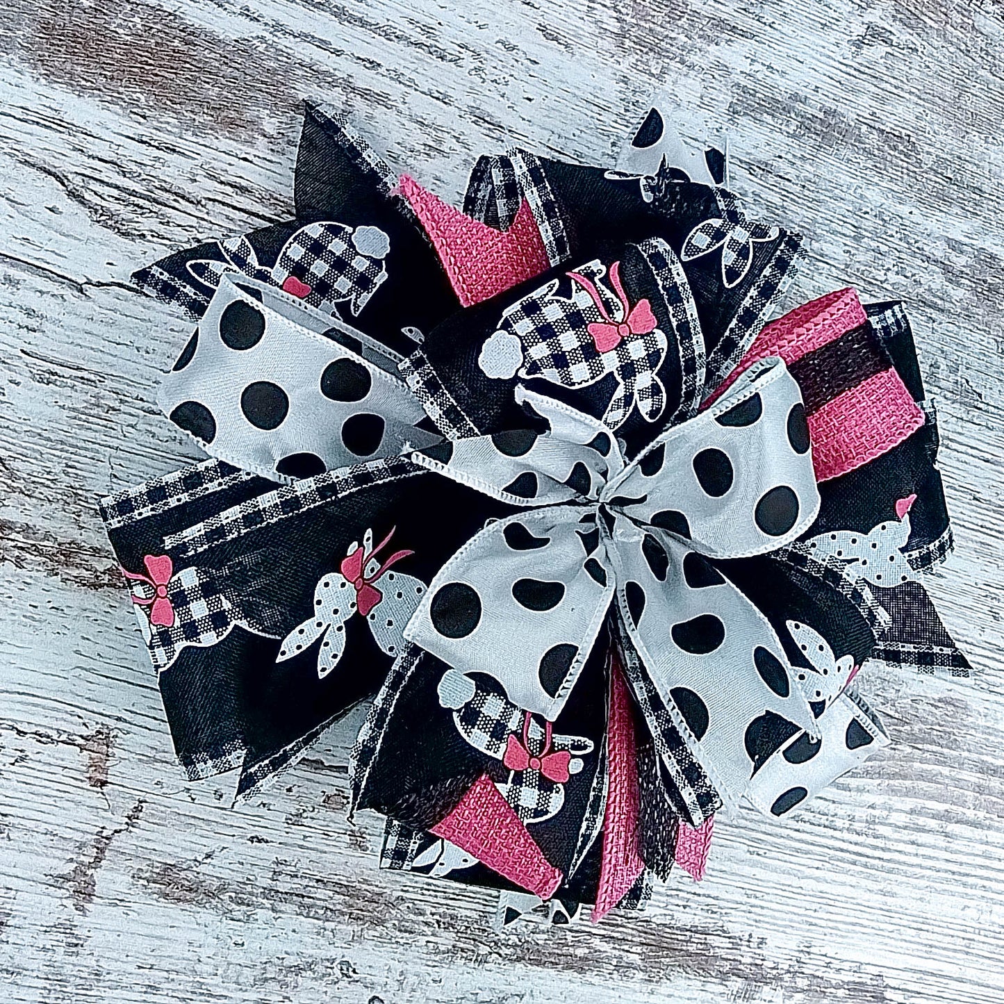 Easter Bunny Black Pink White Lantern Wreath Bow - Burlap Wreath Embellishment for Making Your Own - Layered Full Handmade Farmhouse Already Made (Easter (Black/Pink/White)