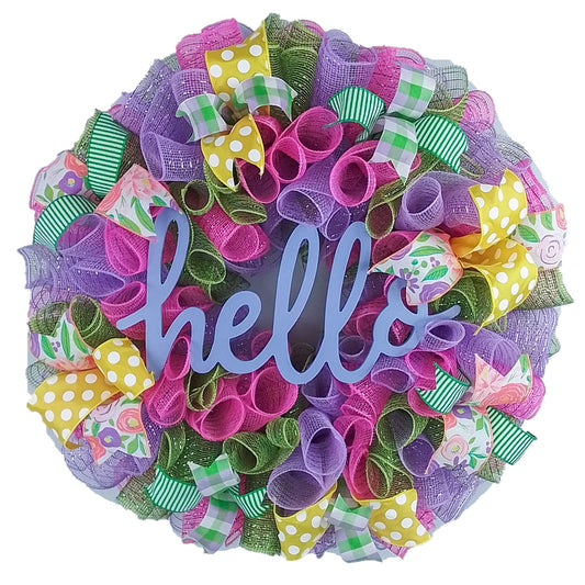 Colorful Deco Mesh Wreath, Removable Hello Sign, Indoor and Outdoor Decoration