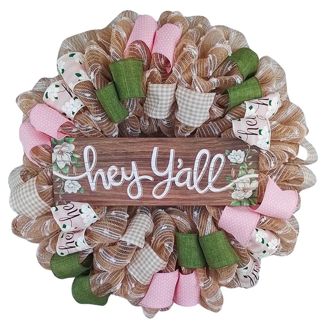 Hey Y'all Everyday Front Door Wreath | Moss Burlap White Year Round Gift