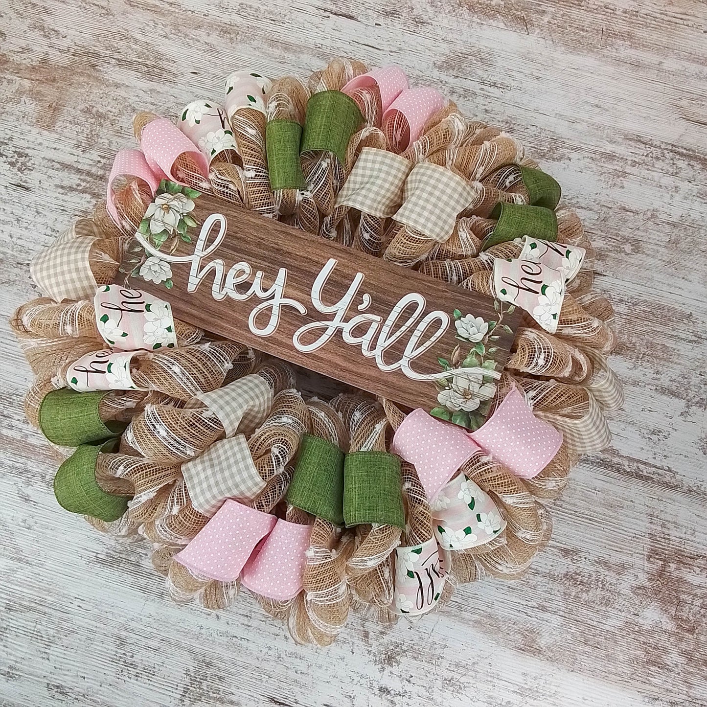 Hey Y'all Everyday Front Door Wreath | Moss Burlap White Year Round Gift