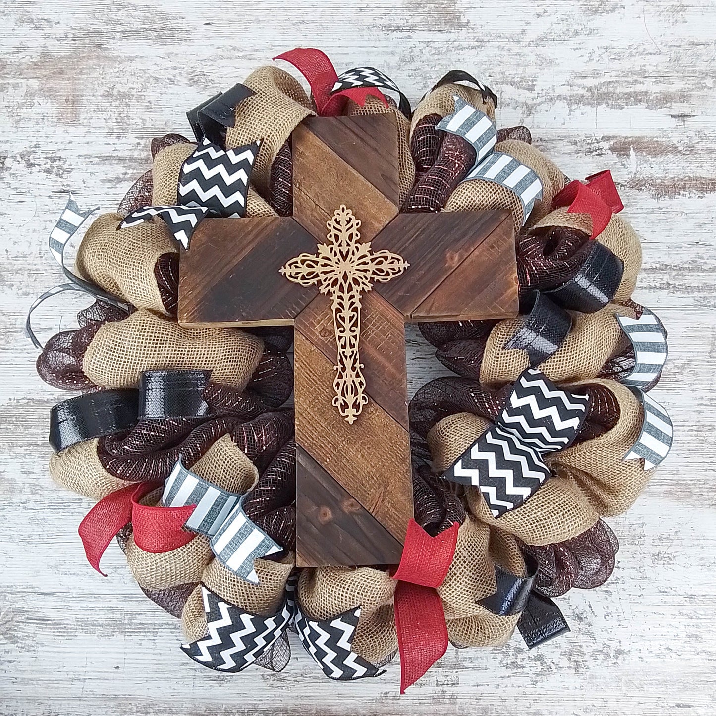 Maroon and Black Cross Mesh Front Door Wreath