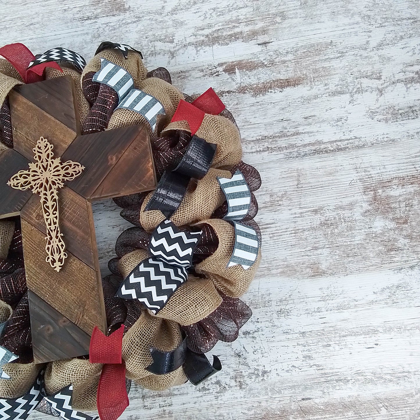 Maroon and Black Cross Mesh Front Door Wreath
