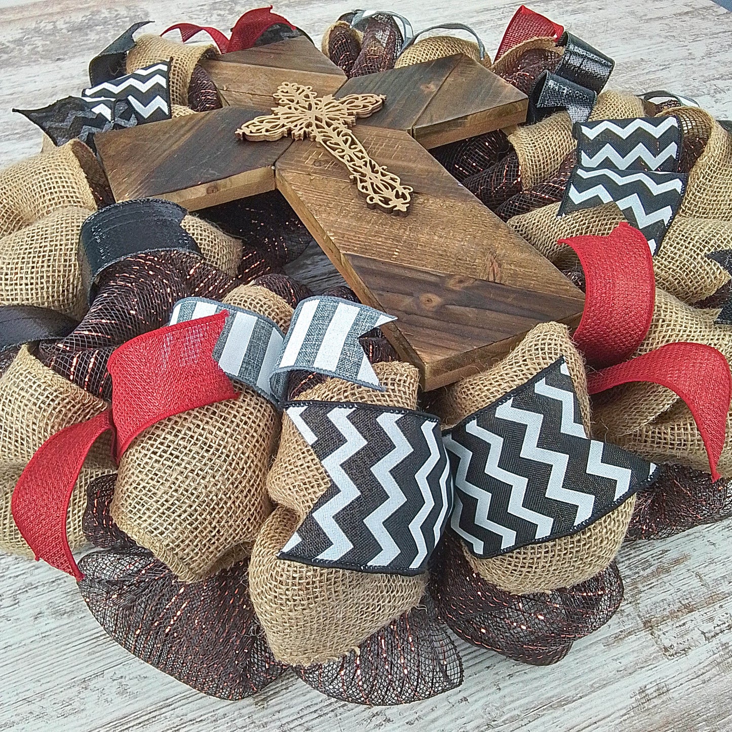 Maroon and Black Cross Mesh Front Door Wreath