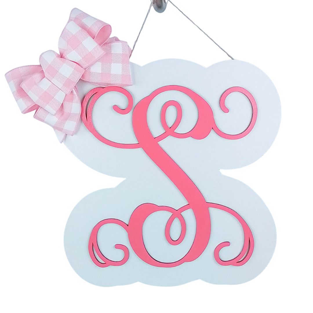 Personalized Door Hanger, Pink Birch Wood Monogram, Buffalo Plaid Bow Decor