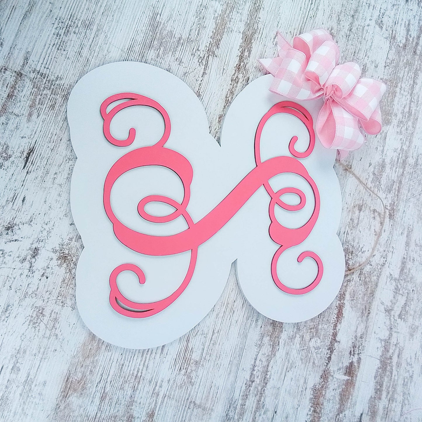 Personalized Door Hanger, Pink Birch Wood Monogram, Buffalo Plaid Bow Decor