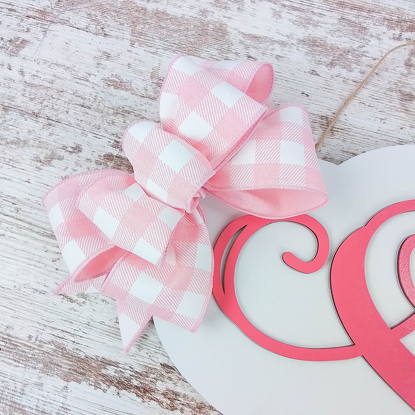 Personalized Door Hanger, Pink Birch Wood Monogram, Buffalo Plaid Bow Decor