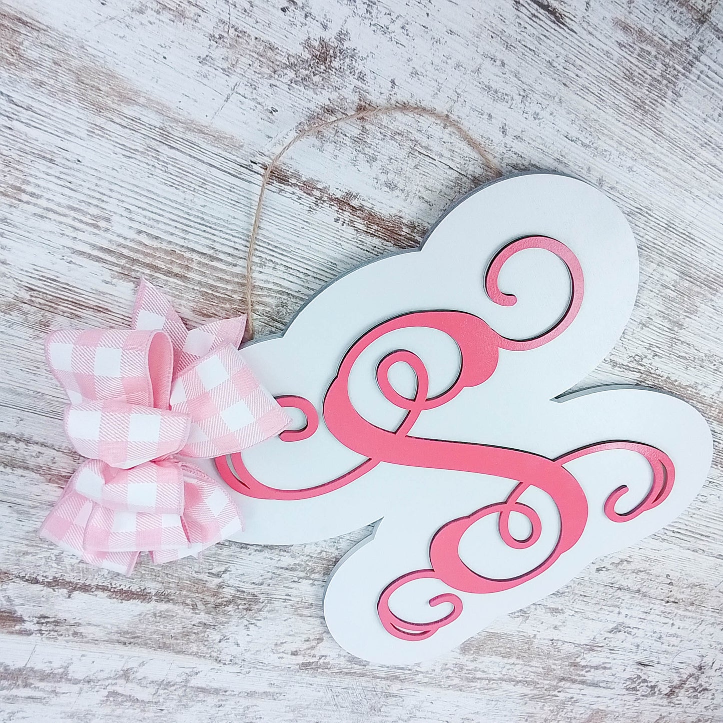 Personalized Door Hanger, Pink Birch Wood Monogram, Buffalo Plaid Bow Decor