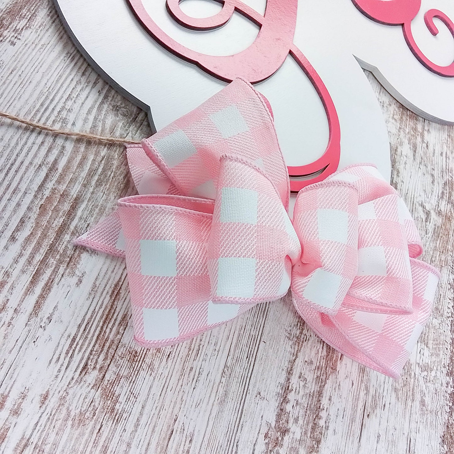 Personalized Door Hanger, Pink Birch Wood Monogram, Buffalo Plaid Bow Decor