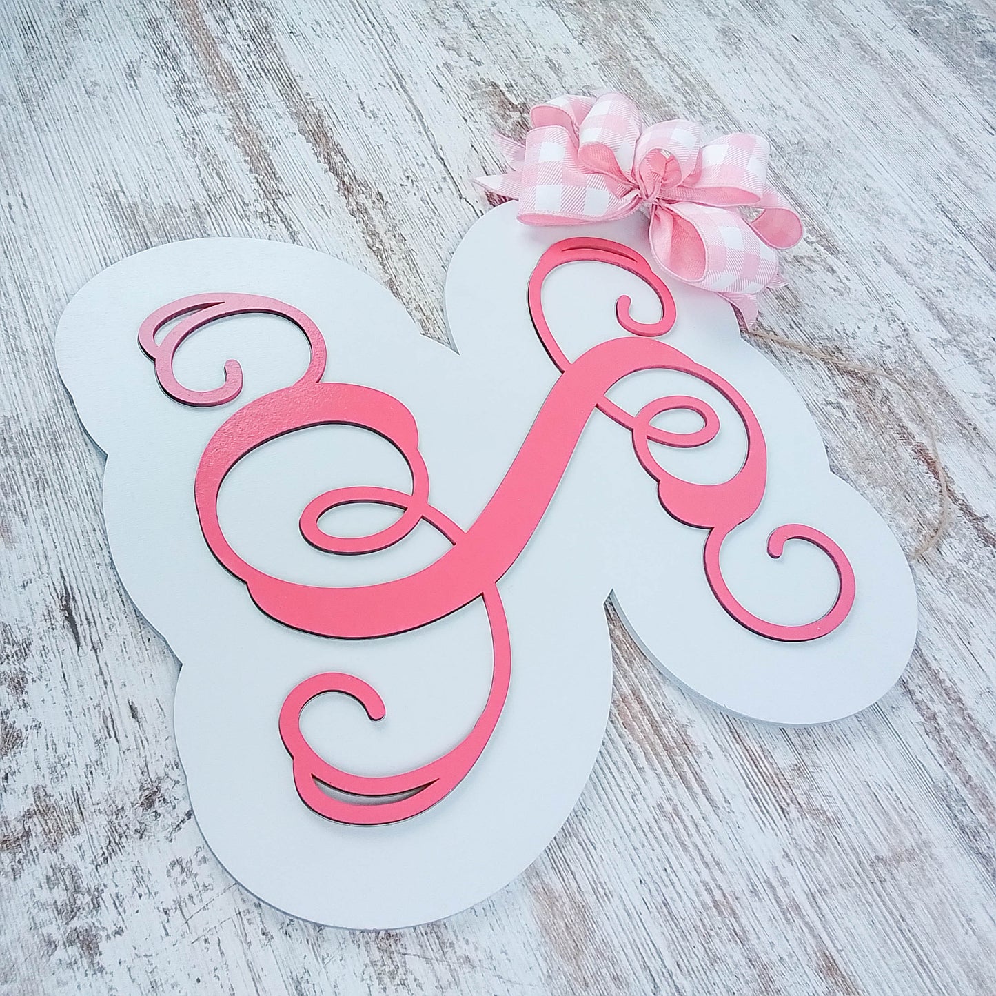 Personalized Door Hanger, Pink Birch Wood Monogram, Buffalo Plaid Bow Decor
