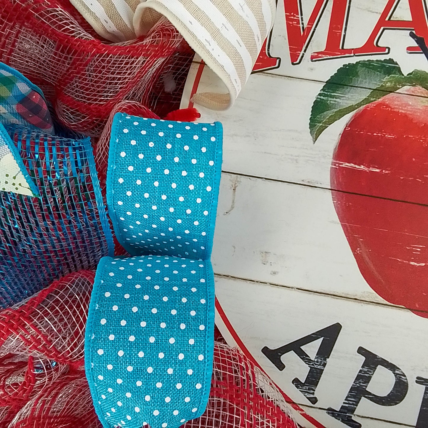 Farmers Market Summer Apple Wreath - Vibrant Red, Turquoise, and White Colors