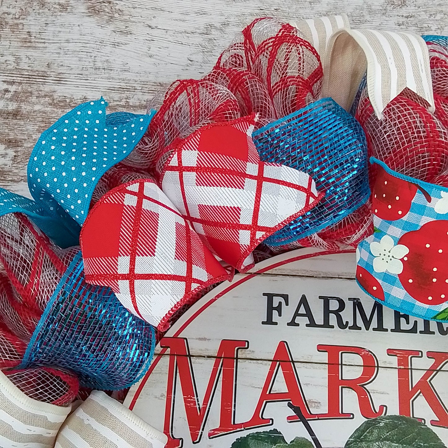 Farmers Market Summer Apple Wreath - Vibrant Red, Turquoise, and White Colors