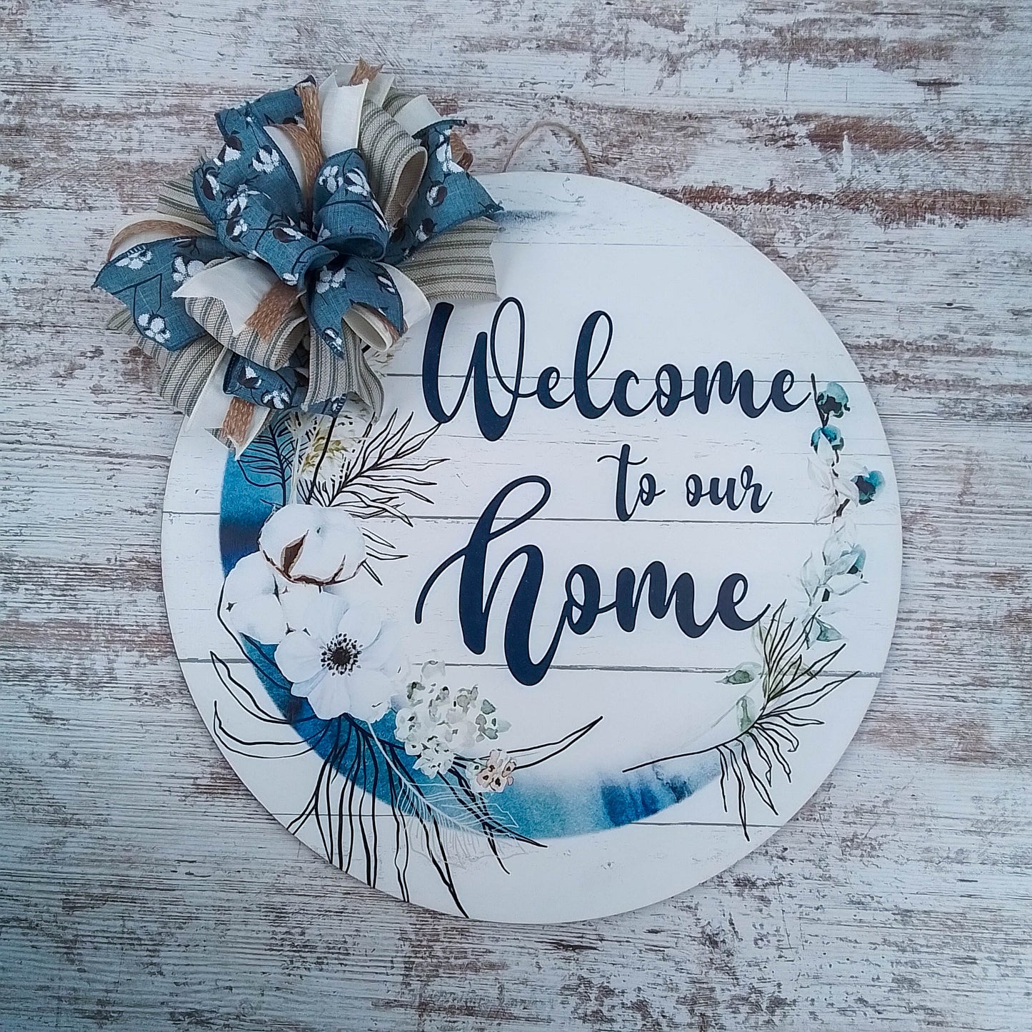 Welcome to Our Home Door Hanger, Birch Wood Round Decor, Rustic Home Accent with Navy Blue Detailing