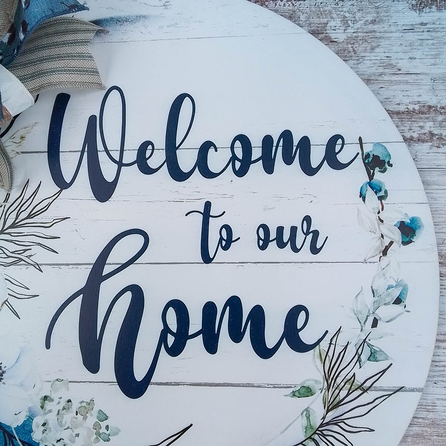 Welcome to Our Home Door Hanger, Birch Wood Round Decor, Rustic Home Accent with Navy Blue Detailing