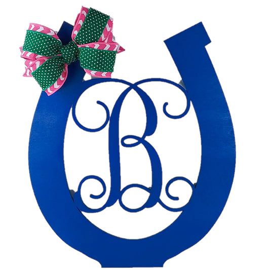 Blue Horseshoe Door Hanger, Monogrammed Letter Decor, Unique Housewarming Gift
