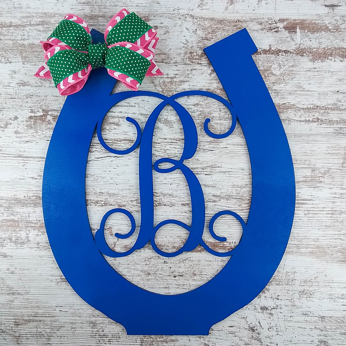 Blue Horseshoe Door Hanger, Monogrammed Letter Decor, Unique Housewarming Gift