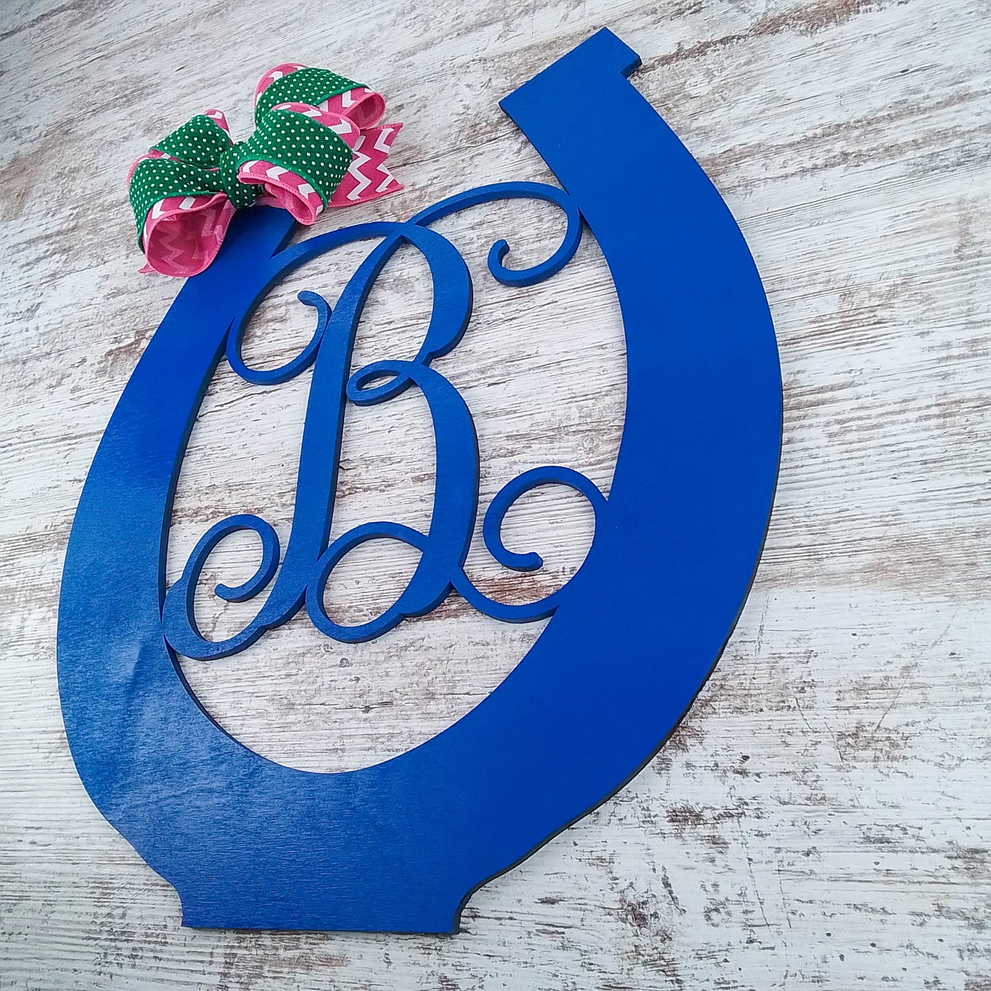 Blue Horseshoe Door Hanger, Monogrammed Letter Decor, Unique Housewarming Gift