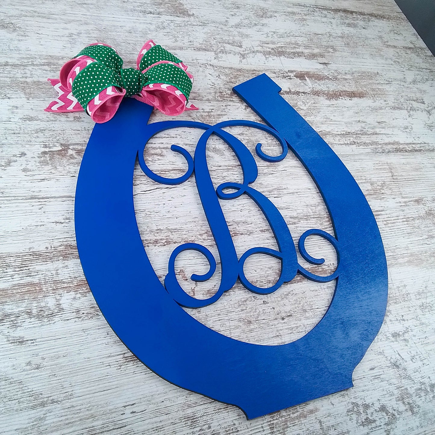 Blue Horseshoe Door Hanger, Monogrammed Letter Decor, Unique Housewarming Gift