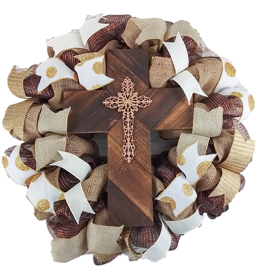 Elegant Burlap & Deco Mesh Cross Wreath – Rustic Christian Door Décor