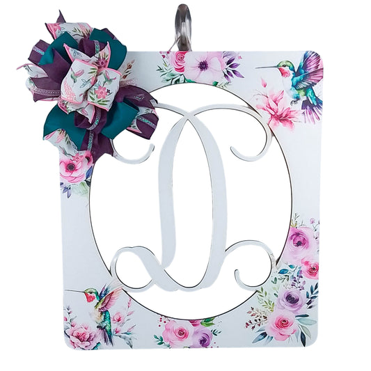 Customizable Monogram Door Hanger, Floral Birch Wood Decoration, Hummingbird and Ribbon Accents