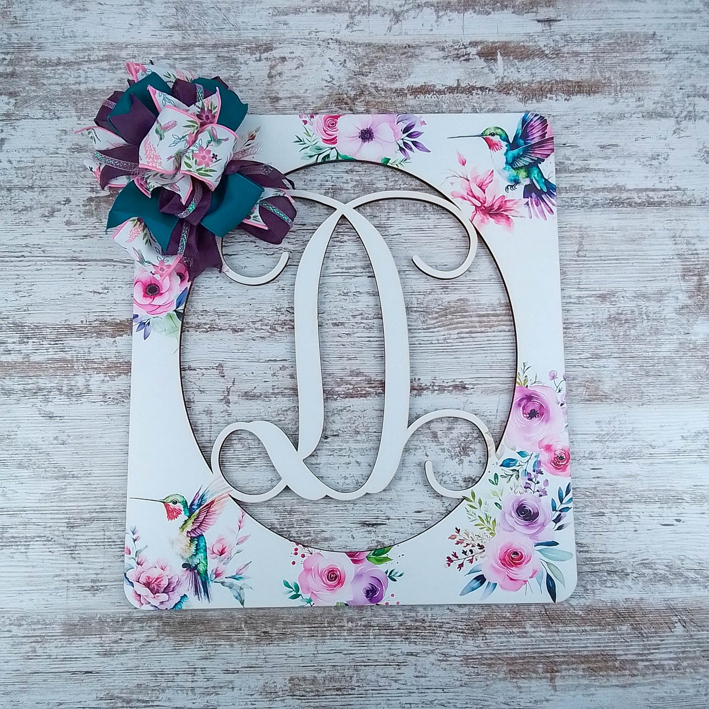 Customizable Monogram Door Hanger, Floral Birch Wood Decoration, Hummingbird and Ribbon Accents