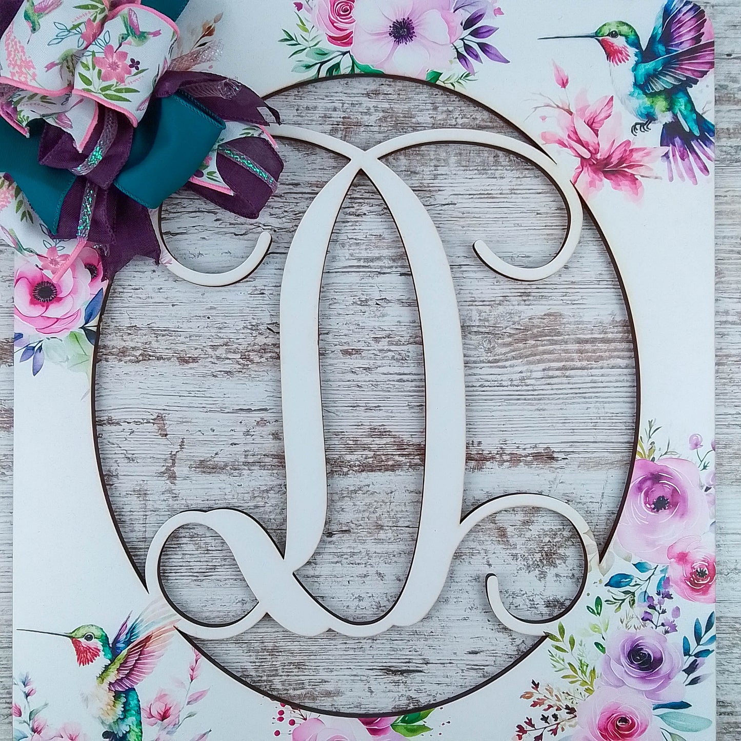 Customizable Monogram Door Hanger, Floral Birch Wood Decoration, Hummingbird and Ribbon Accents