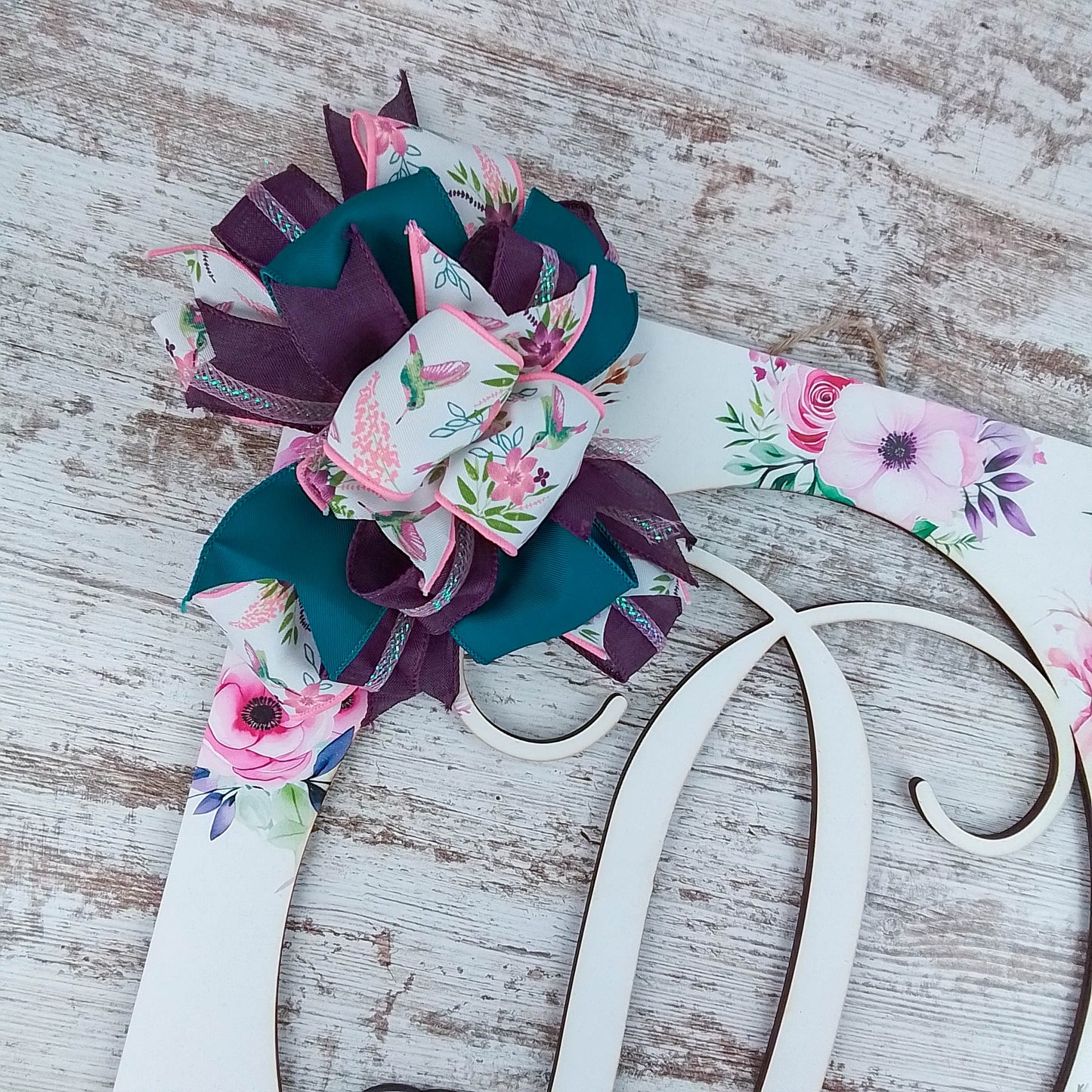 Customizable Monogram Door Hanger, Floral Birch Wood Decoration, Hummingbird and Ribbon Accents