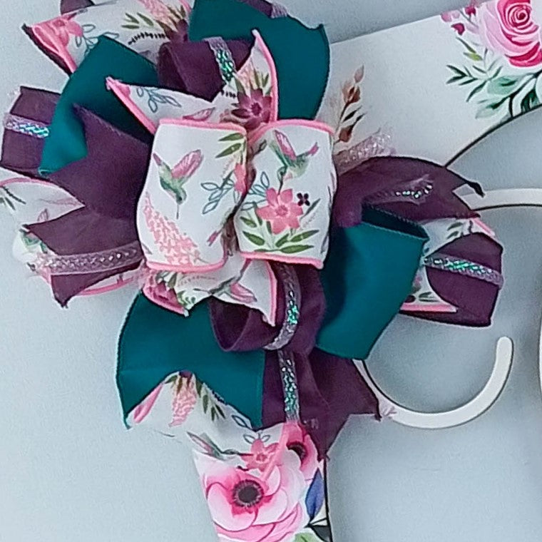 Customizable Monogram Door Hanger, Floral Birch Wood Decoration, Hummingbird and Ribbon Accents