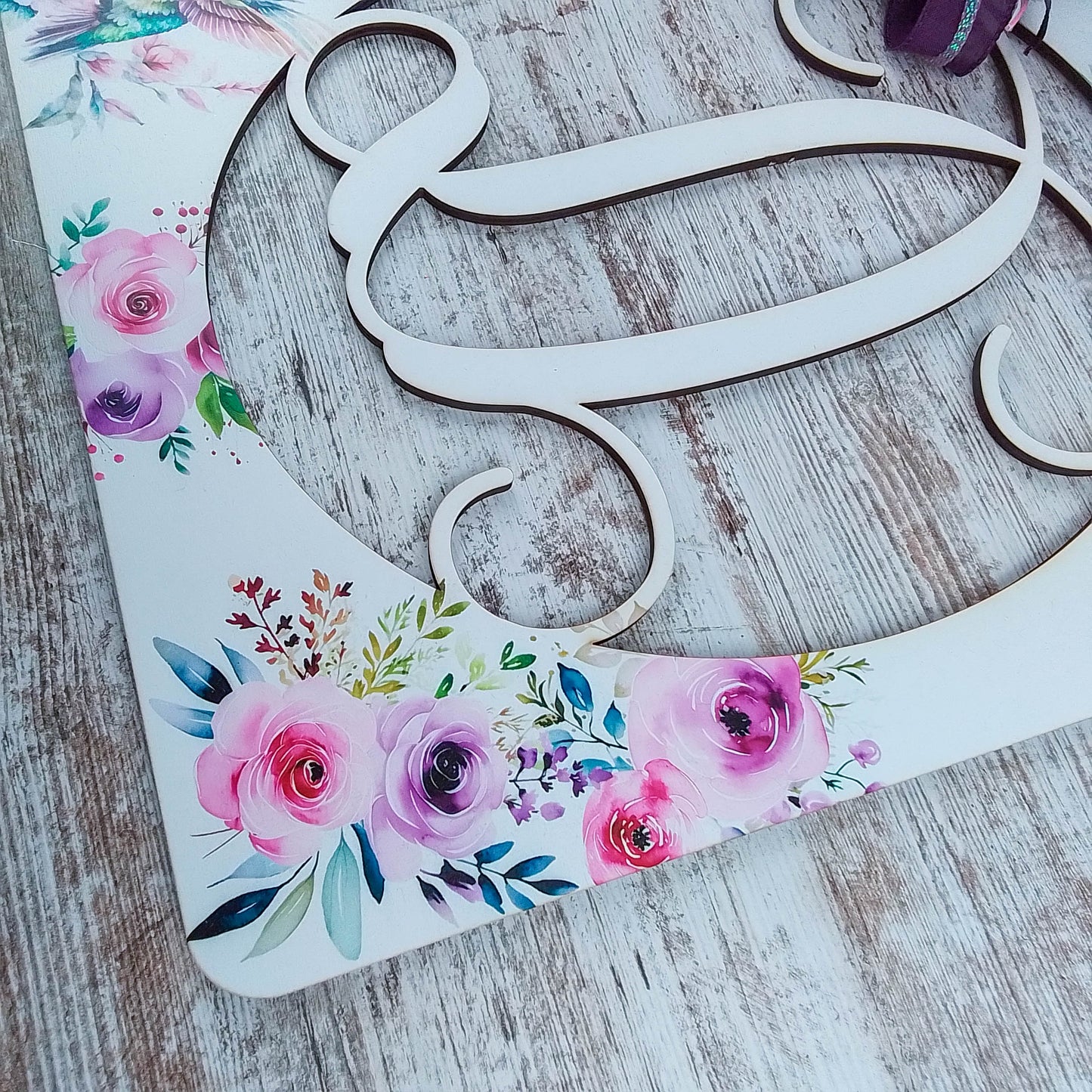 Customizable Monogram Door Hanger, Floral Birch Wood Decoration, Hummingbird and Ribbon Accents
