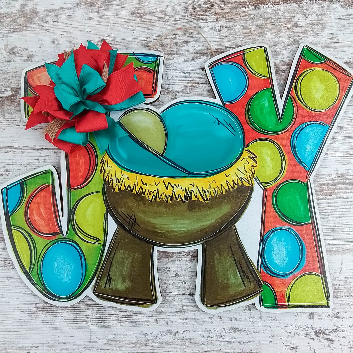 Nativity Door Hanger, JOY Manger Scene Decor, Festive Polka Dot Design