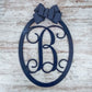 Customizable Monogram Door Hanger, Personalized Wooden Door Decor, Navy Blue Oval Wreath with Decorative Bow