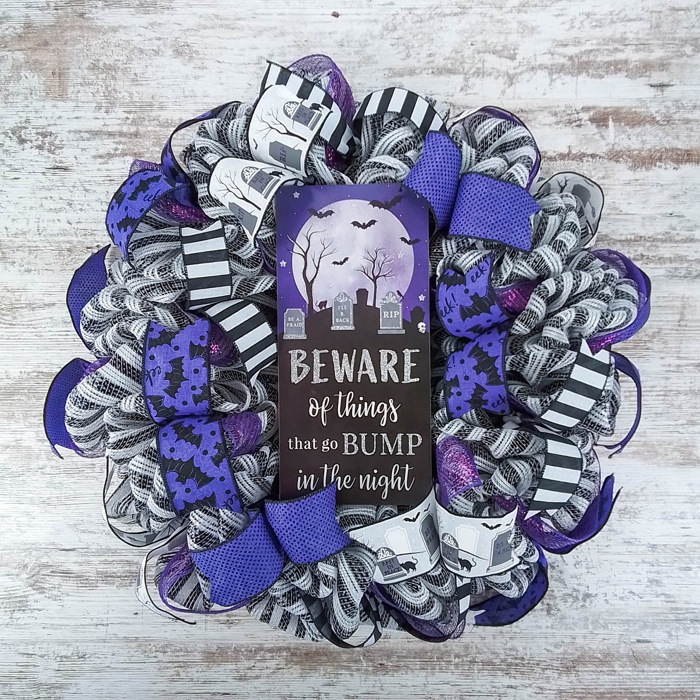 Beware of Things that go Bump in the Night Halloween Wreath, Seasonal Home Decor, Festive Party Accent Purple Black White