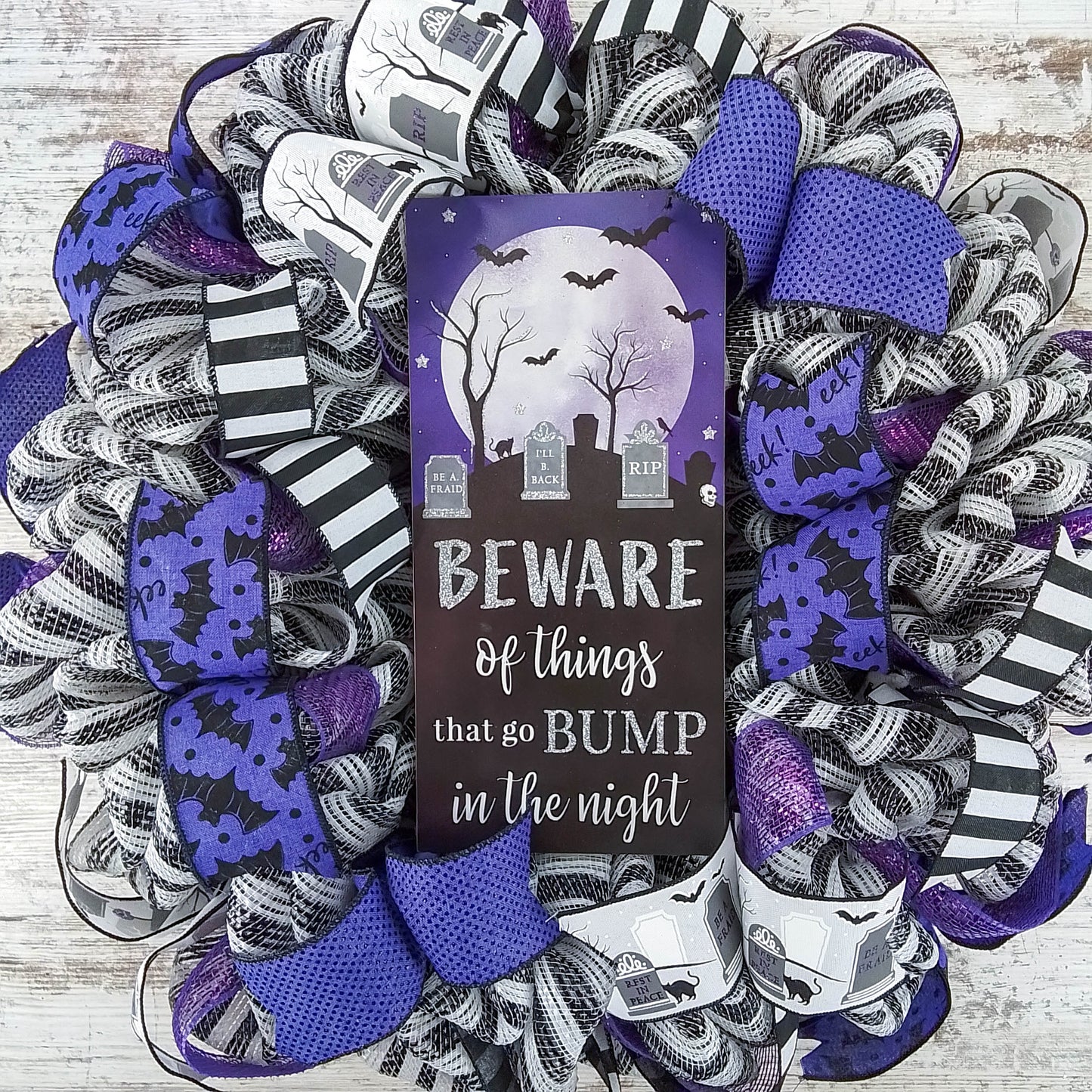 Beware of Things that go Bump in the Night Halloween Wreath, Seasonal Home Decor, Festive Party Accent Purple Black White