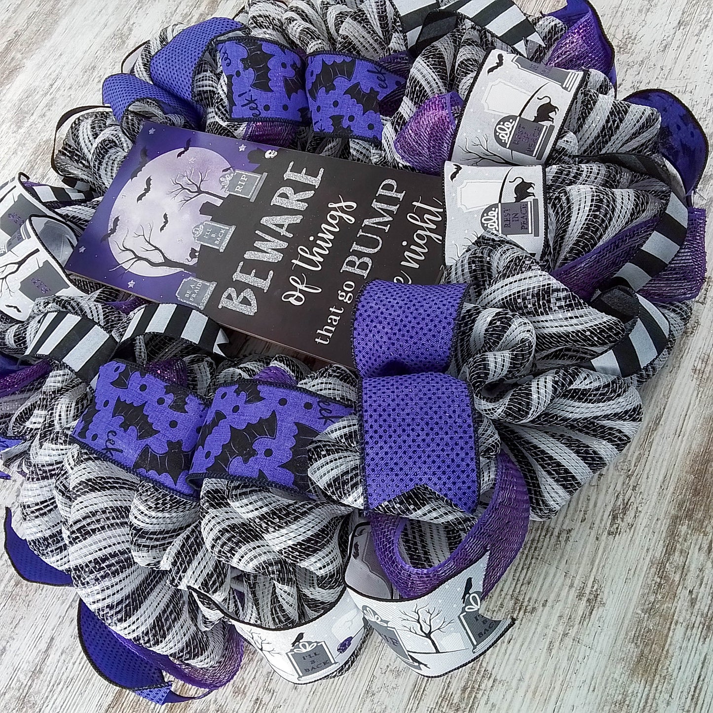 Beware of Things that go Bump in the Night Halloween Wreath, Seasonal Home Decor, Festive Party Accent Purple Black White
