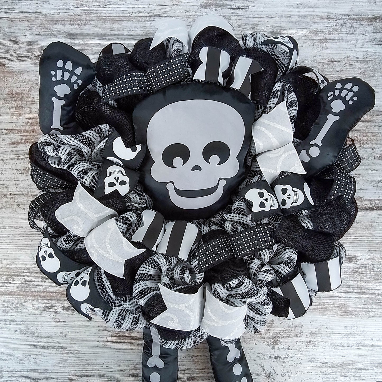 Halloween Skull Door Wreath, Skeleton, Black White Spooky Decor