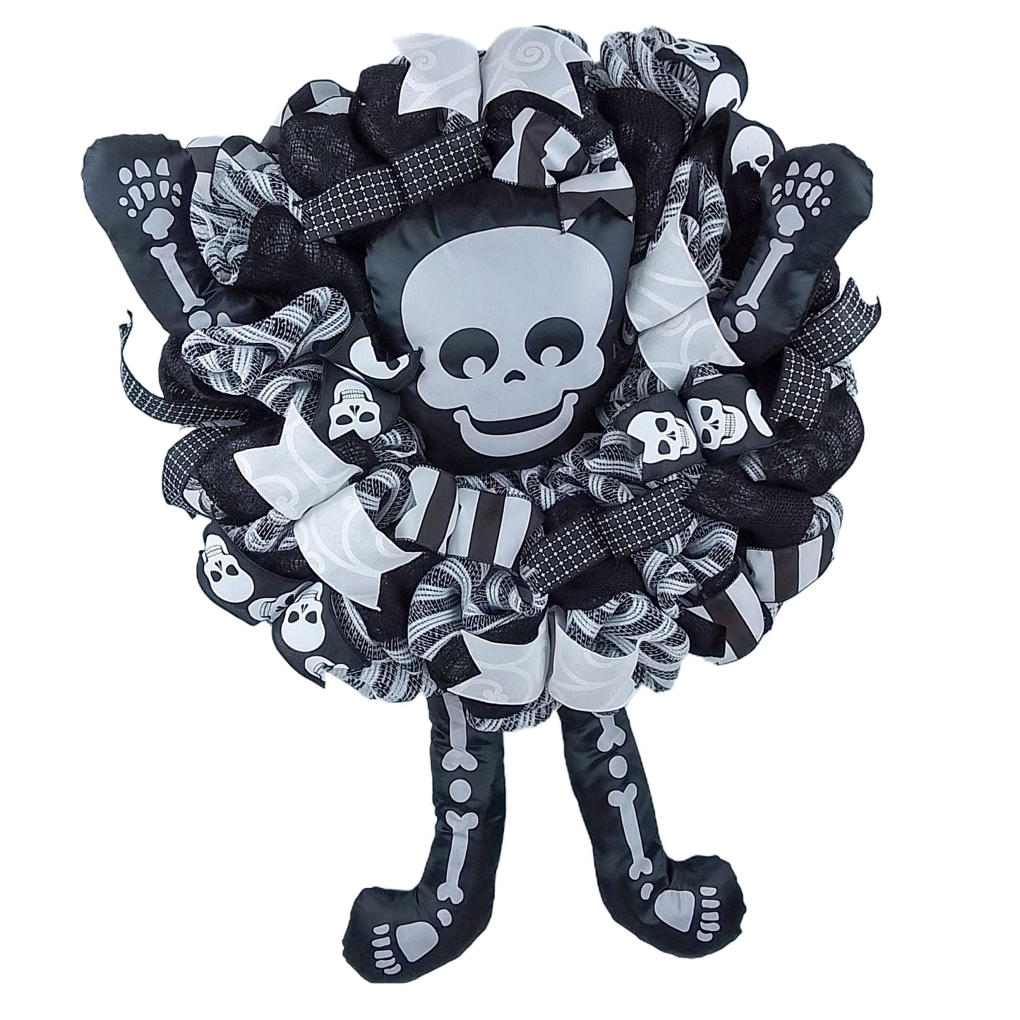 Halloween Skull Door Wreath, Skeleton, Black White Spooky Decor