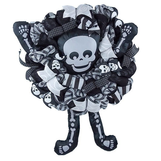Halloween Skull Door Wreath, Skeleton, Black White Spooky Decor
