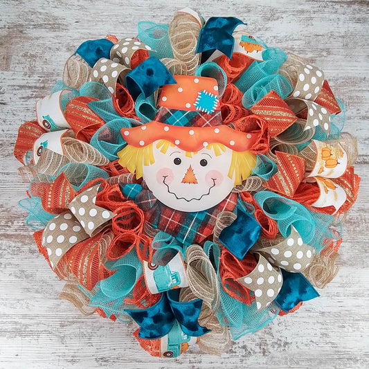 Turquoise Scarecrow Mesh Front Door Wreath - Thanksgiving Fall Wreath - Orange Brown Blue
