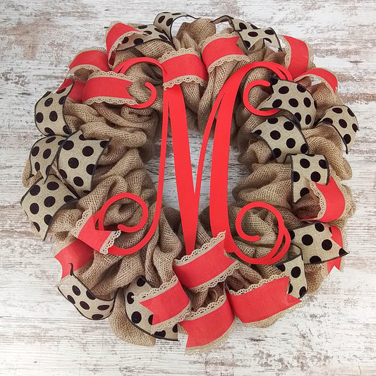 Burlap Wreath, Red Ribbon Door Decor, Custom Letter Accent