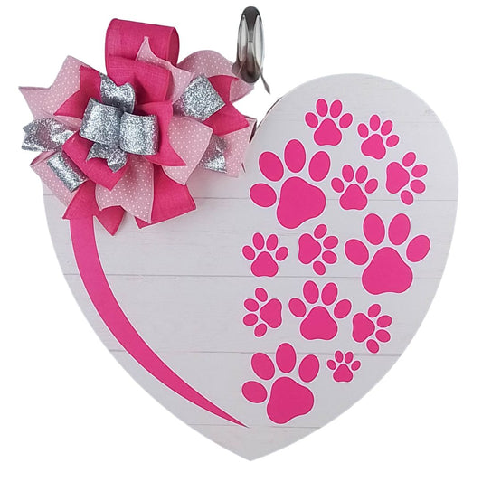 Pet Lovers Door Hanger, Heart-Shaped Birch Wood Decor, Paw Print Accent Decorative Bow