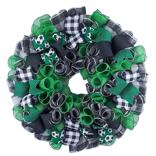 Soccer-Themed Wreath, Sports Lover's Decor, Vibrant Green and Black Event Decoration