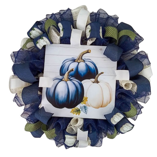 Fall Decorative Wreath, Navy Blue Pumpkin Design, Perfect for Seasonal Decoration