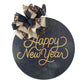 Happy New Year Door Hanger, Birch Wood Festive Decor, Black and Gold Ribbon Design