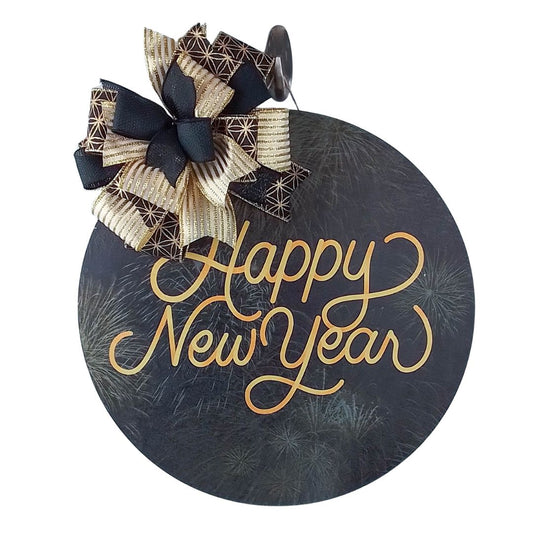 Happy New Year Door Hanger, Birch Wood Festive Decor, Black and Gold Ribbon Design