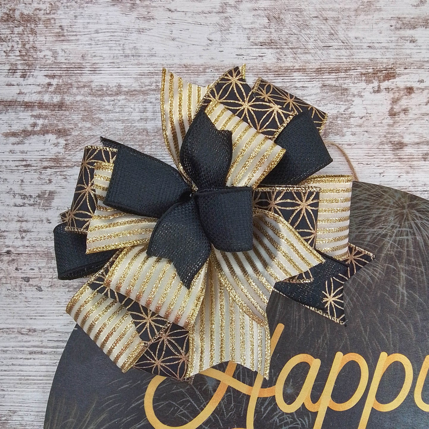 Happy New Year Door Hanger, Birch Wood Festive Decor, Black and Gold Ribbon Design