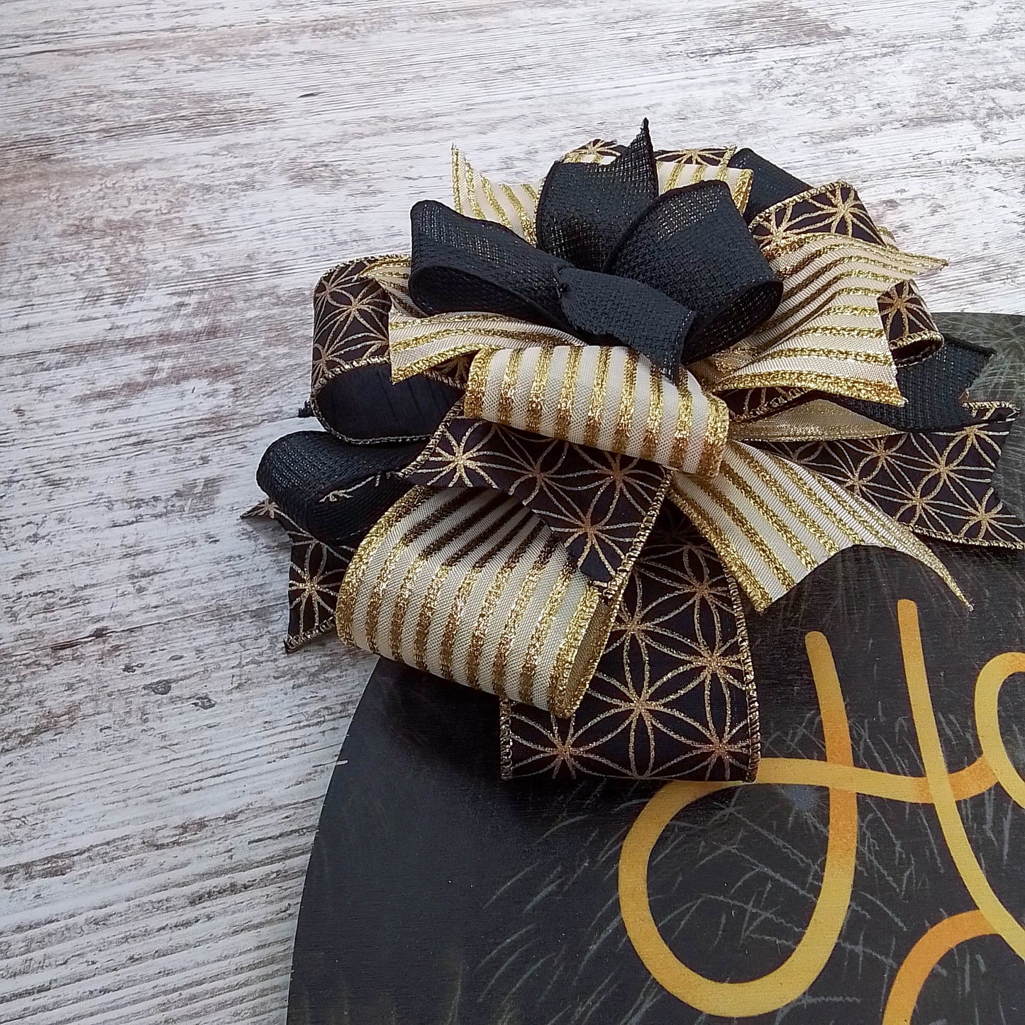 Happy New Year Door Hanger, Birch Wood Festive Decor, Black and Gold Ribbon Design