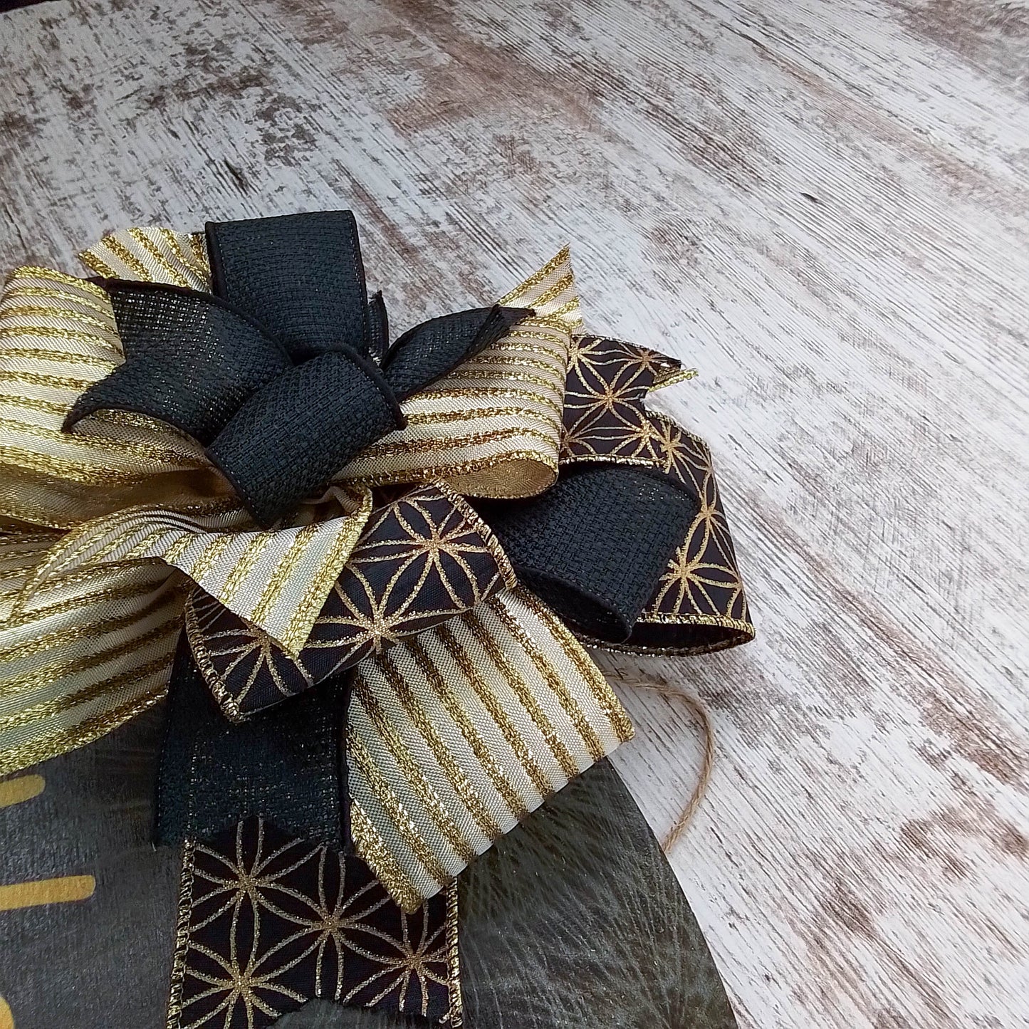 Happy New Year Door Hanger, Birch Wood Festive Decor, Black and Gold Ribbon Design