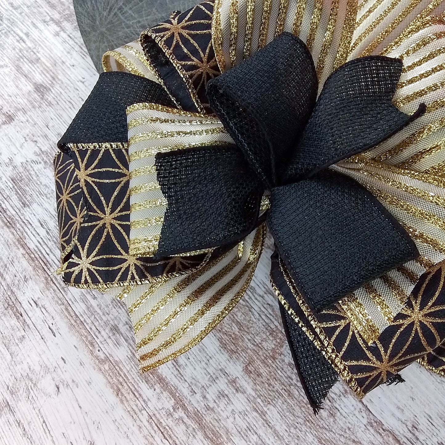 Happy New Year Door Hanger, Birch Wood Festive Decor, Black and Gold Ribbon Design