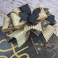 Happy New Year Door Hanger, Birch Wood Festive Decor, Black and Gold Ribbon Design
