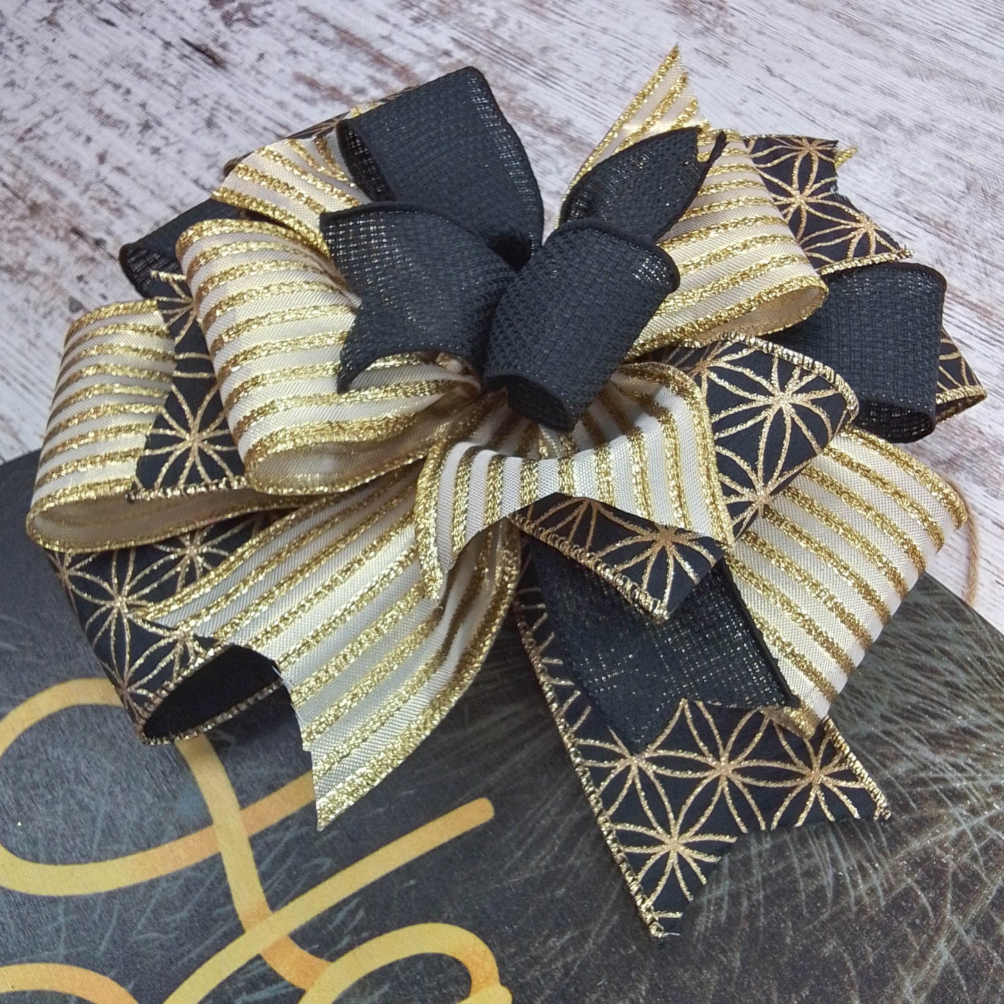 Happy New Year Door Hanger, Birch Wood Festive Decor, Black and Gold Ribbon Design